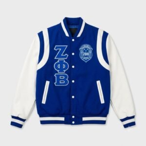 blue and white varsity jacket