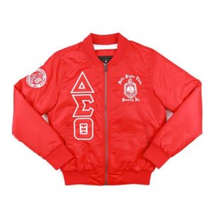 delta sigma theta women’s red embroidered bomber jacket