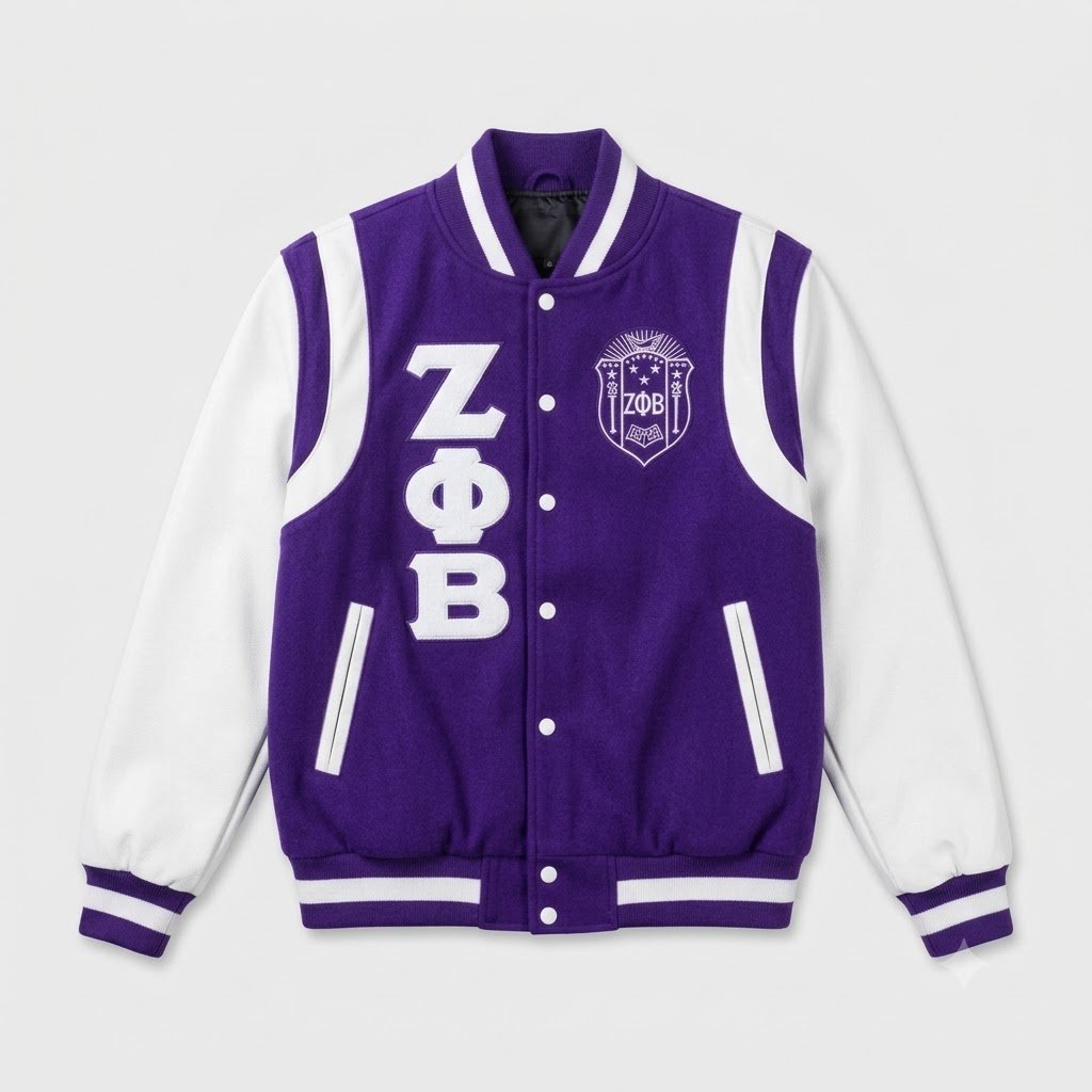 purple and white varsity jacket