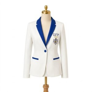 Sigma Gamma Rho (ΣΓΡ) Sorority Custom White & Royal Blue Blazer women white suit jacket with a blue collar
