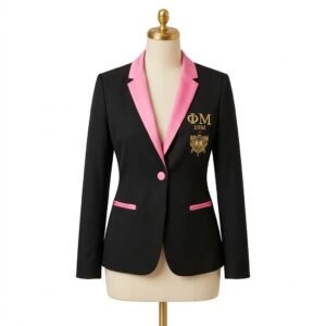 womens black suit with a pink collar