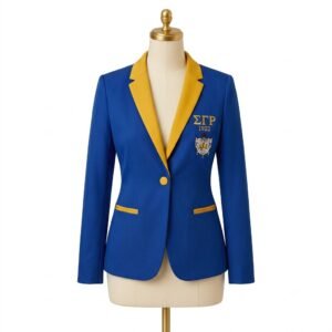 Sigma Gamma Rho (ΣΓΡ) Sorority Custom White & Royal Blue Blazer womens blue suit with a yellow collar
